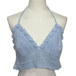 Crochet Knit Halter Top with Pearl Details in Blue Size Large